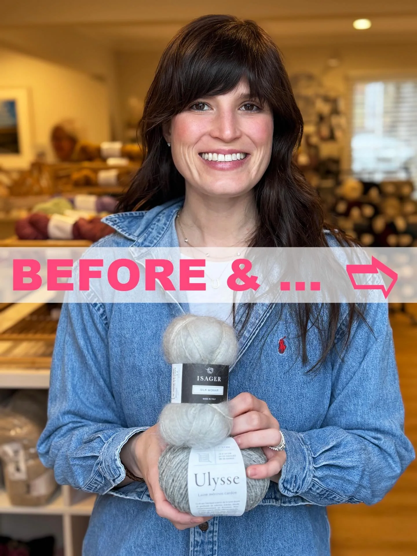 BEFORE &amp; AFTER... Caroline is ready for wild spring temp fluctuations in uber cozy Shoreline Sweater by designer, Ozetta.

Sport weight, De ReRum's Ulysse held with Isager Silk Mohair combine to create a warm yet lightweight fabric.

Cables and w