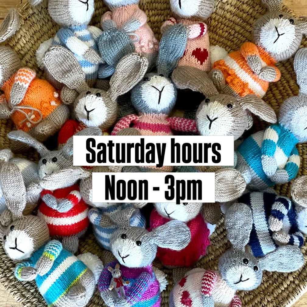 This Saturday The Blue Purl will be open 12-3PM.
We have coinciding holidays this weekend :)
Wishing a happy &amp; meaningful one to all those celebrating!
Shout out to Barbara &amp; Laurie for this bountiful bunny picture - a Keri class!

Pattern: S