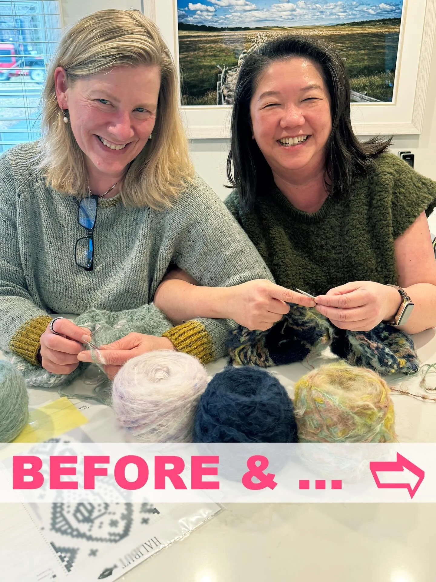 BEFORE &amp; AFTER... To kickoff the first day of NJWoolWalk 2026, Karen and Tam embraced a pact to finish a joint knit in Halibut @boylandknitworks using @thefarmersdaughterfibers Oh Dang! DK.

Of course, they did just that.

�❤️❤️❤️