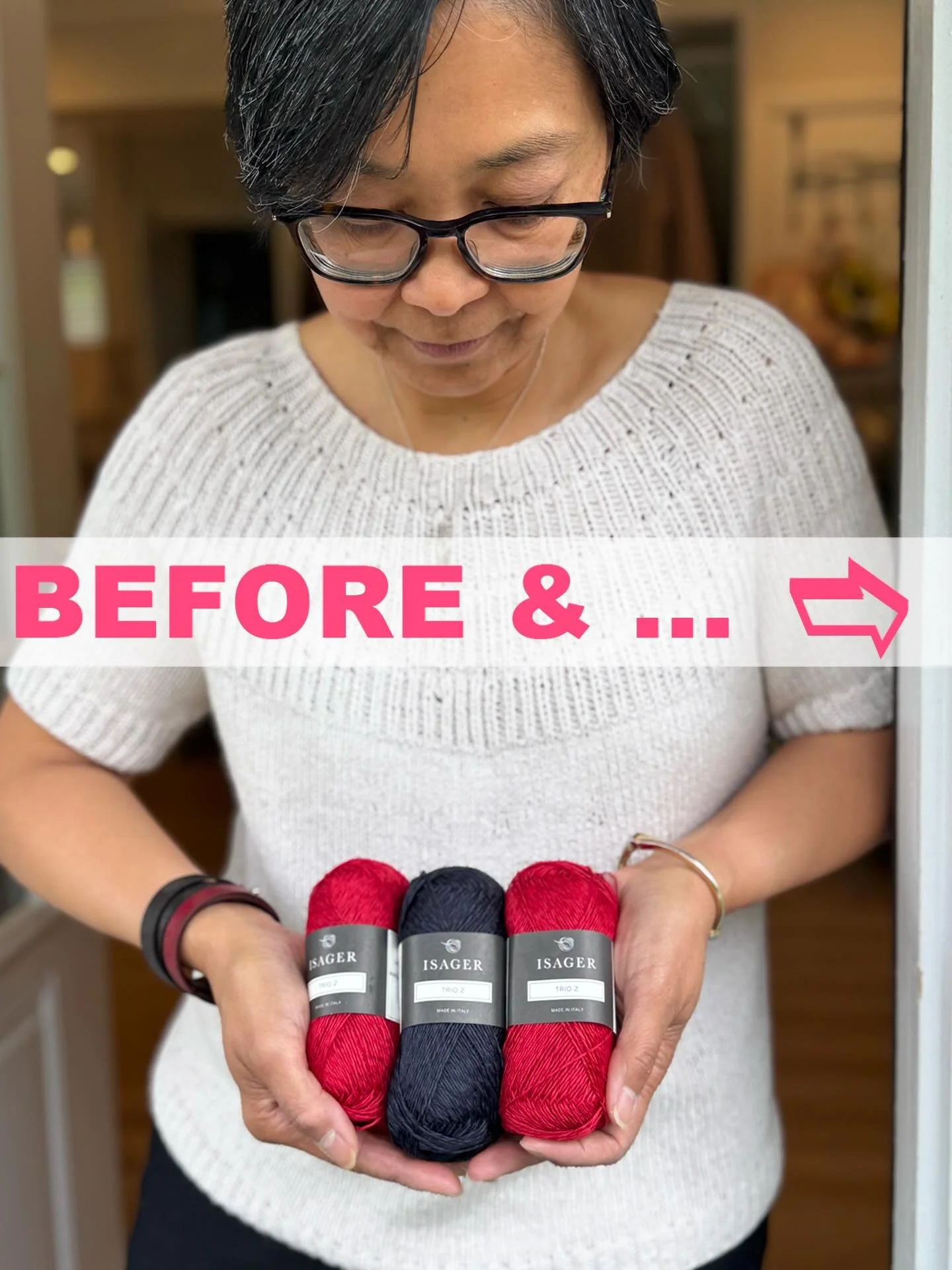 BEFORE &amp; AFTER: Classic summer, marini&egrave;re tee, anyone?

Irene Lin's Lustre Tee with saddle shoulder construction is Y's latest knit in new-to-the-shop, sport weight, Isager Trio 2. The linen, cotton, lyocell blend feels next-to-skin cool +