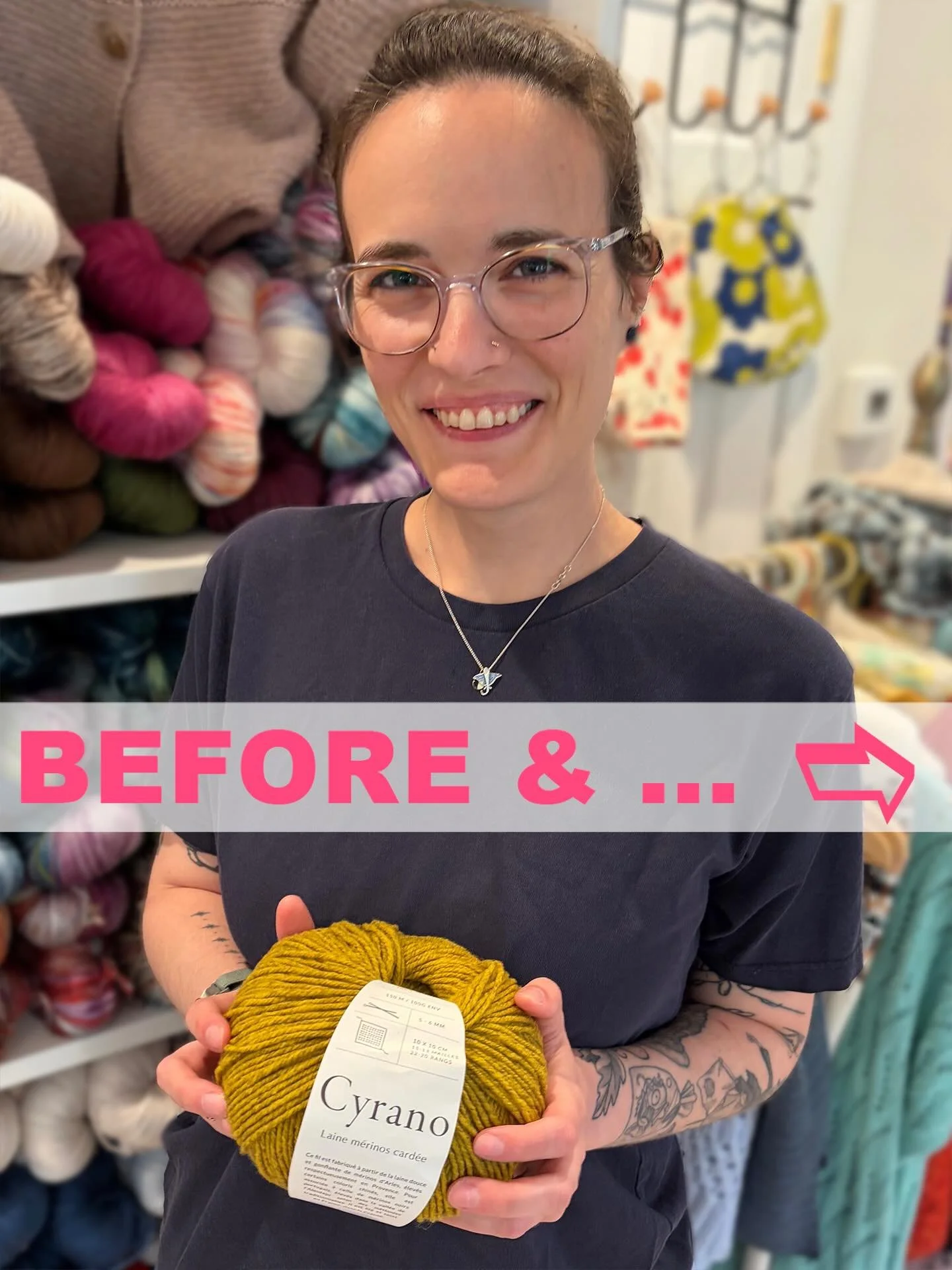 BEFORE &amp; AFTER... Bri stopped by the shop with her gorgeous Dagmar Zipper Sweater in De Rerum Natura's Cyrano peeking out of a tote.

Eagle eyes spotted this wonder in a sunflower, golden color complimented by a pollinator zipper pull and ribbon 