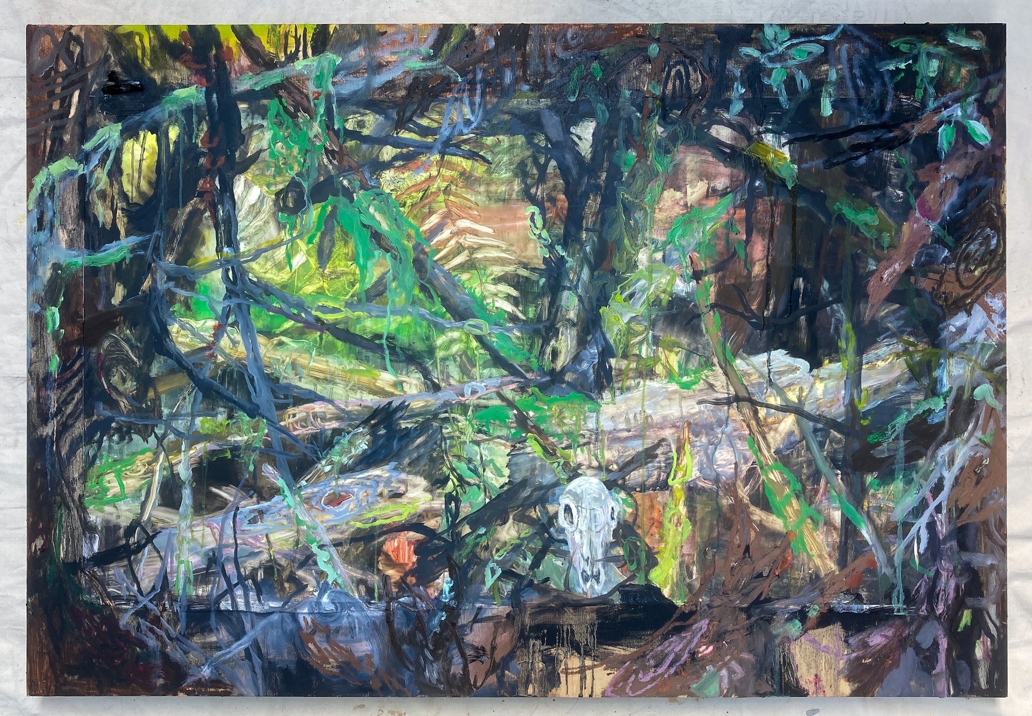  forest intelligence: remains  2021, 33x48”, oil on yupo panel 
