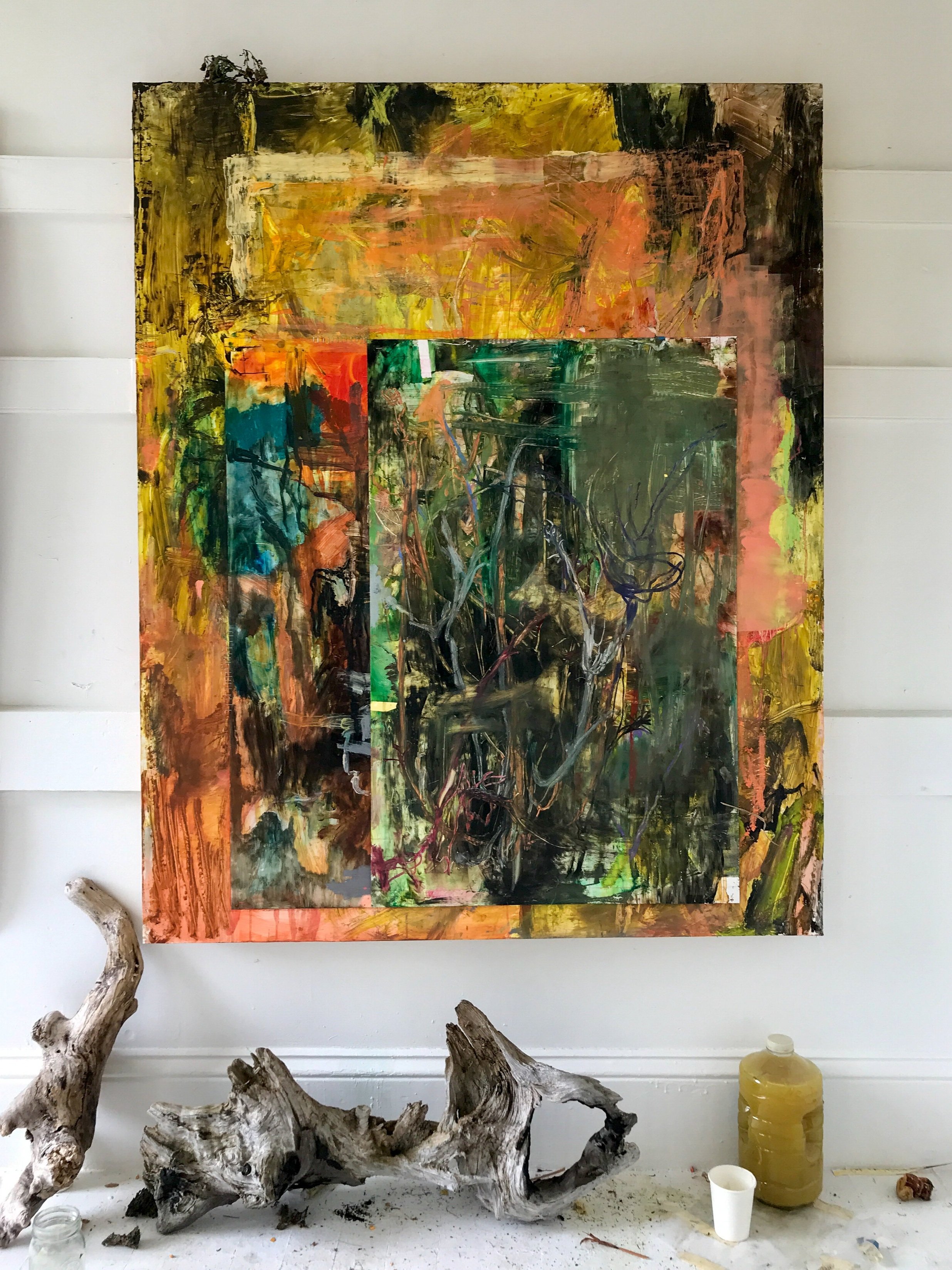  Goldenrod harvest with the Sun King  48x60”  oil and collaged yupo on panel  2020 