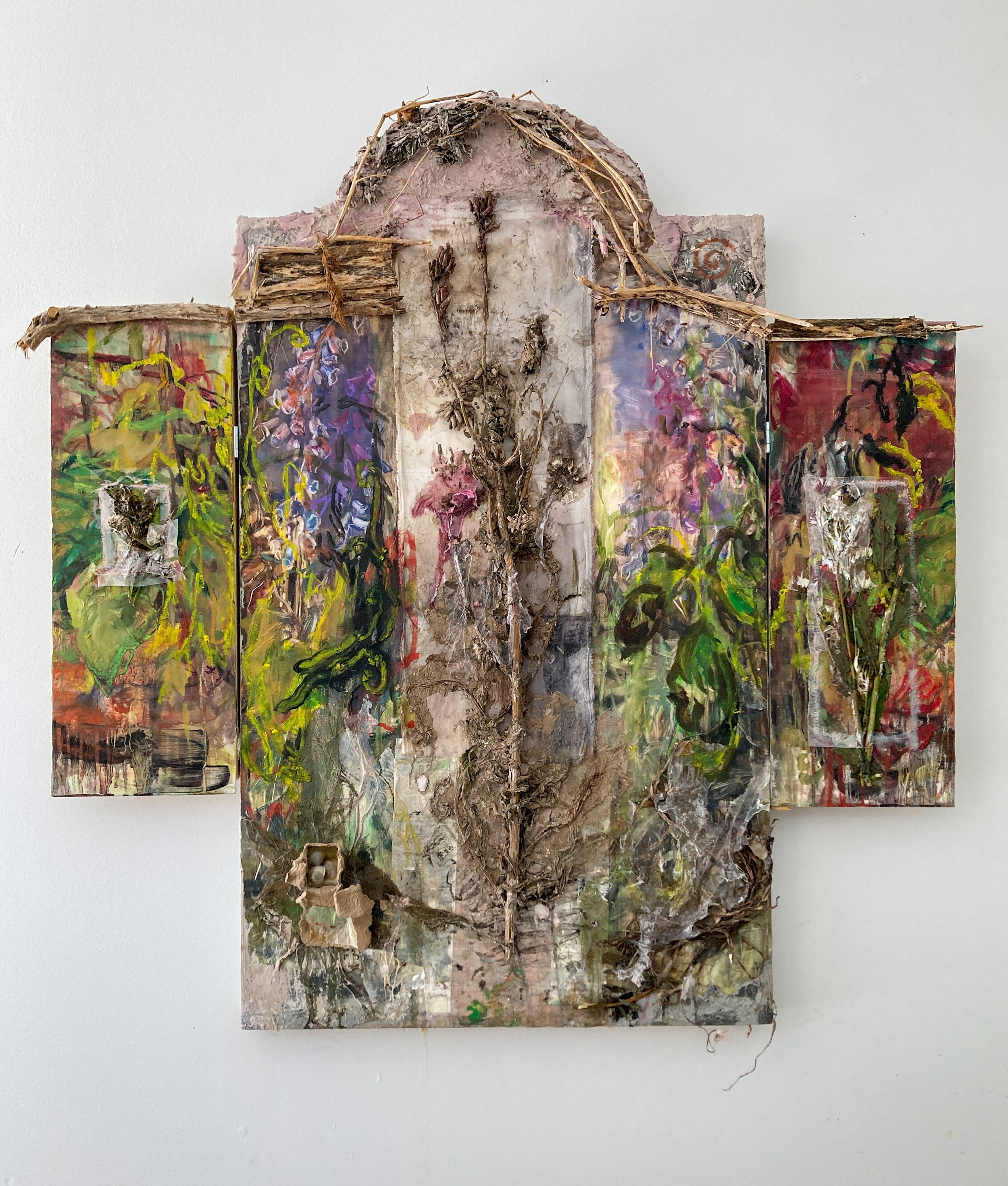 ‘an Altar for the Lupine, the Foxglove, and the weeds’ 2023 48x54” mixed media, oil and collected organic materials on multiple panels