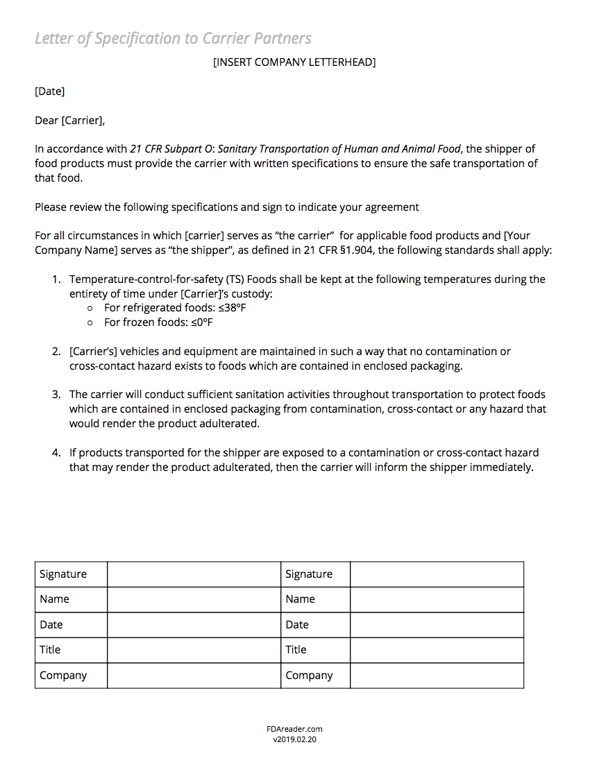 Letter of Specification to Carrier Partners