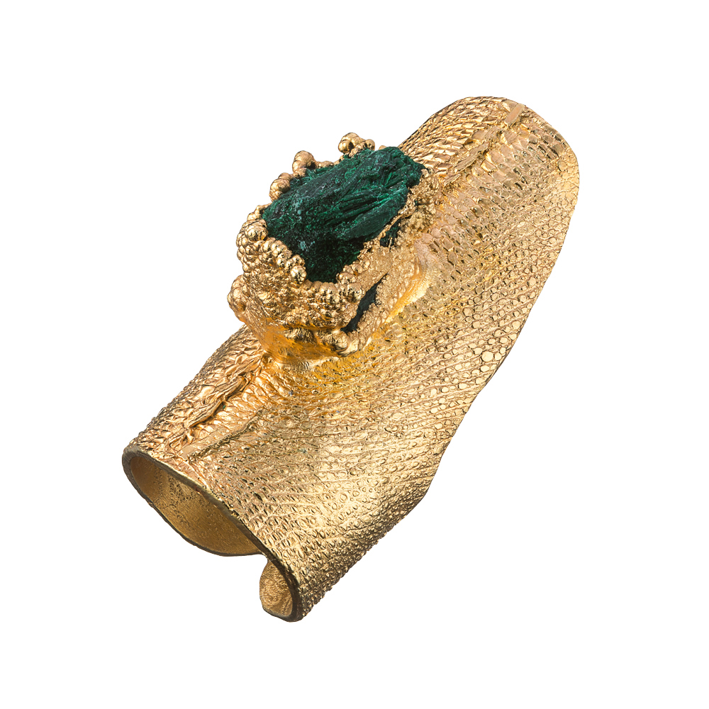 24k Gold-plated Ring with Malachite and Iguana Leather Texture