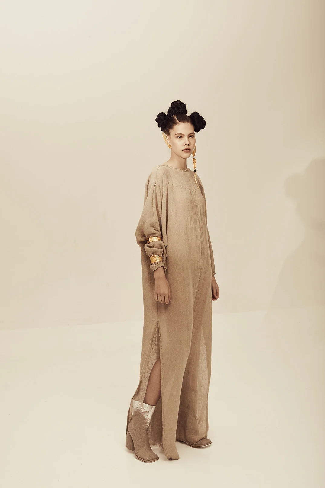 Beige Puff-sleeve Maxi Dress