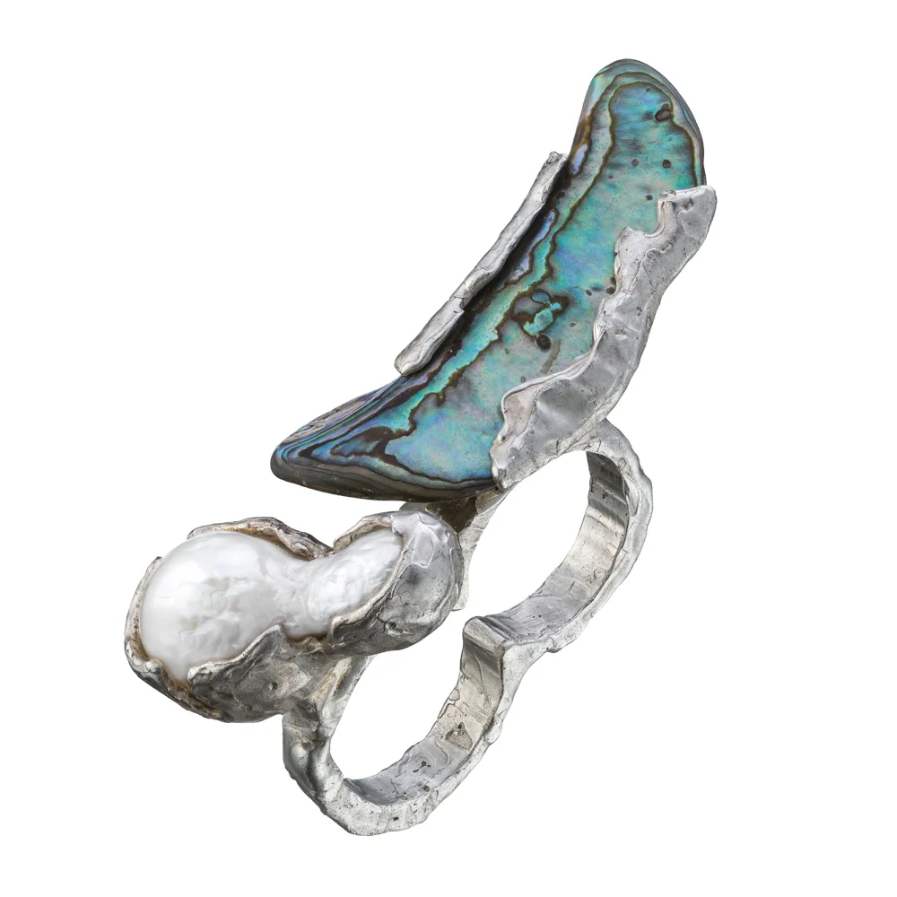 Silver Double-Finger Ring with Pearls and Nacre