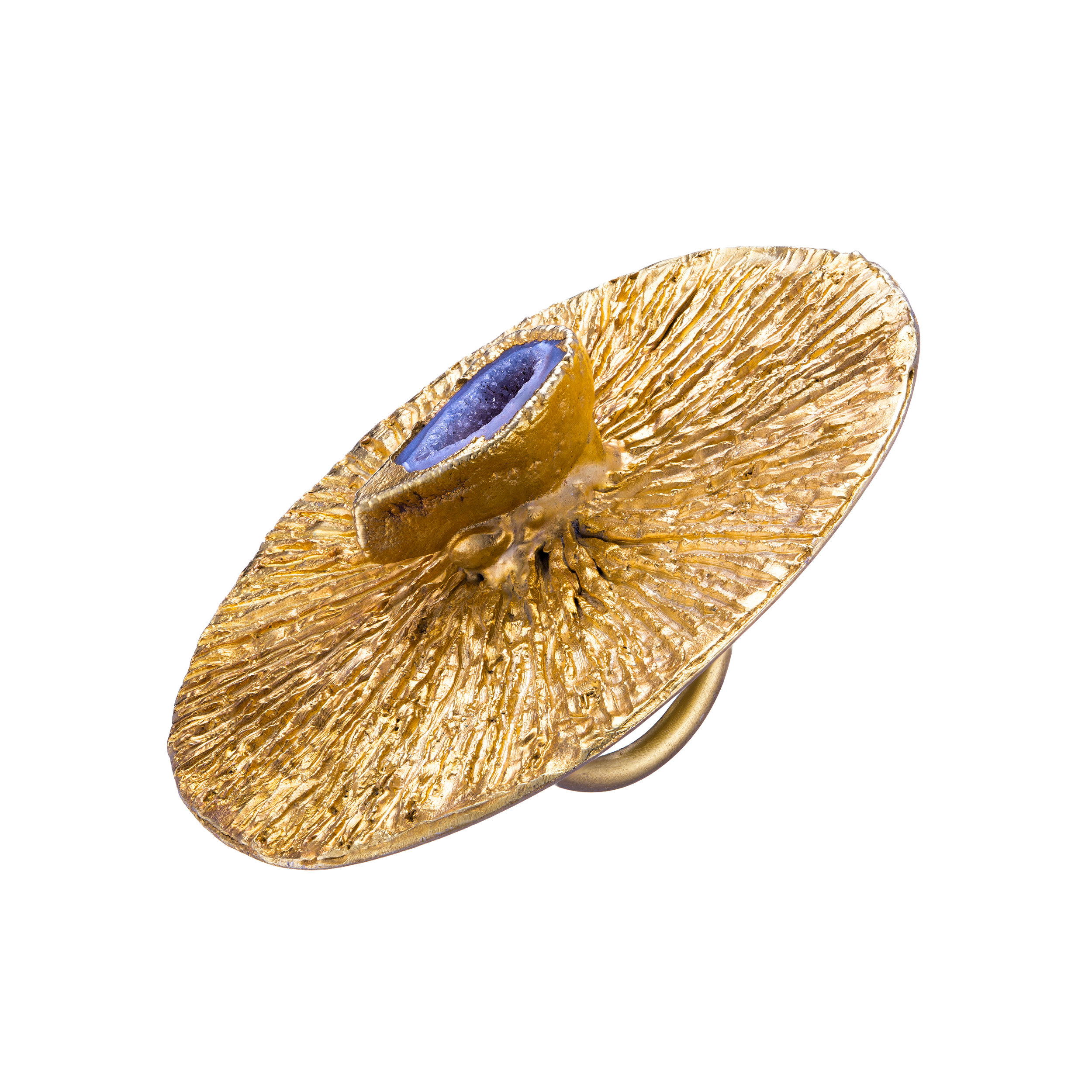 24k Gold-plated Ring with Fossil Print and Agate