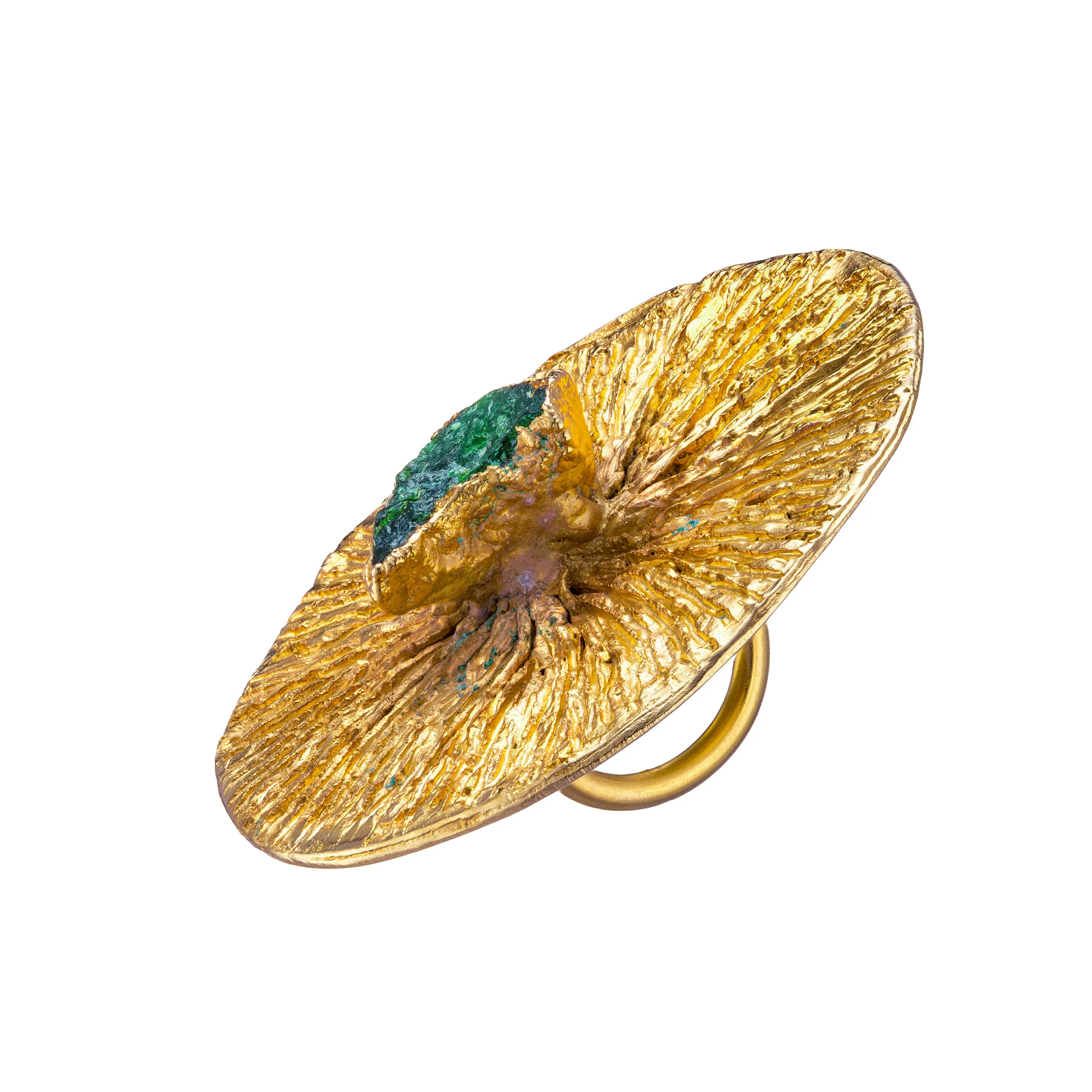 24k Gold-plated Ring with Fossil Print and Malachite