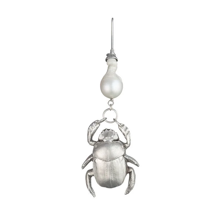 Silver-plated Sacral Scarab Earring with Pearl