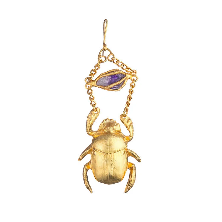 24k Gold-plated Sacral Scarab Earring with Amethyst