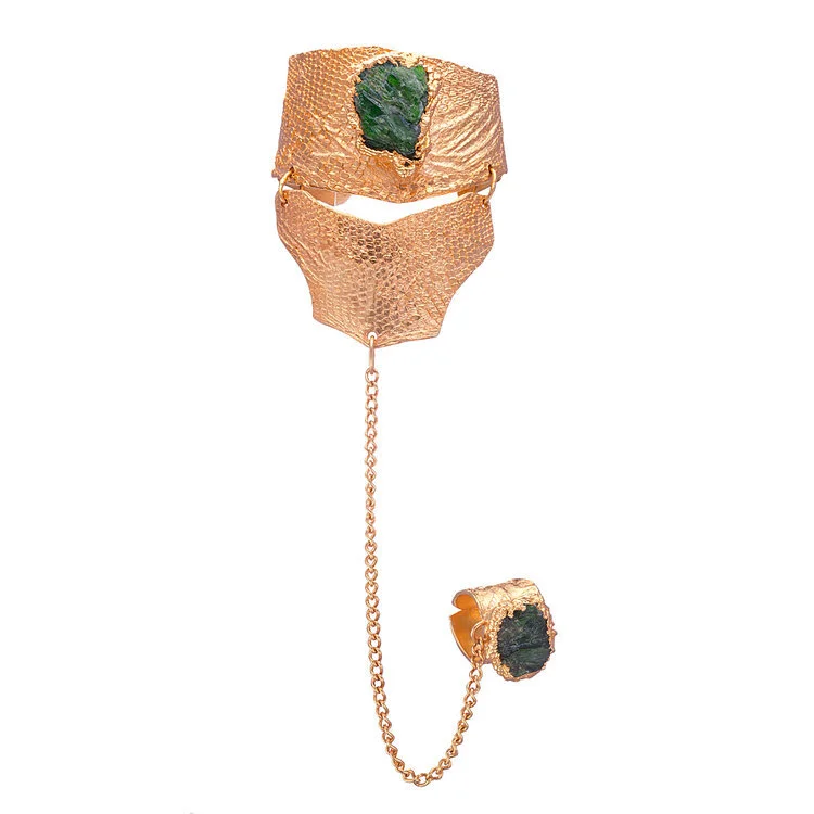 24k Golden-plated Bracelet with Malachite and Chained Ring