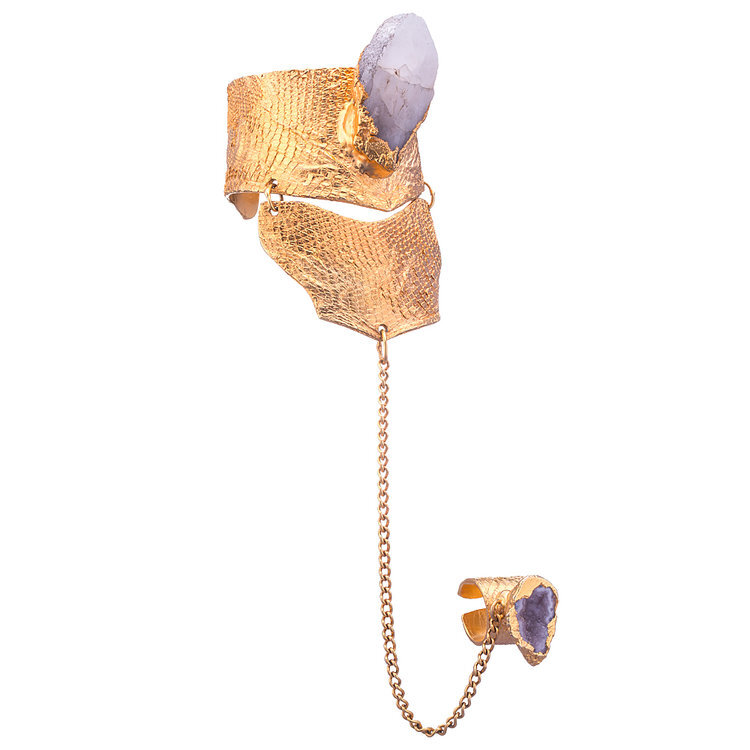 24k Golden-plated Bracelet with Crystal Quartz and Chained Ring