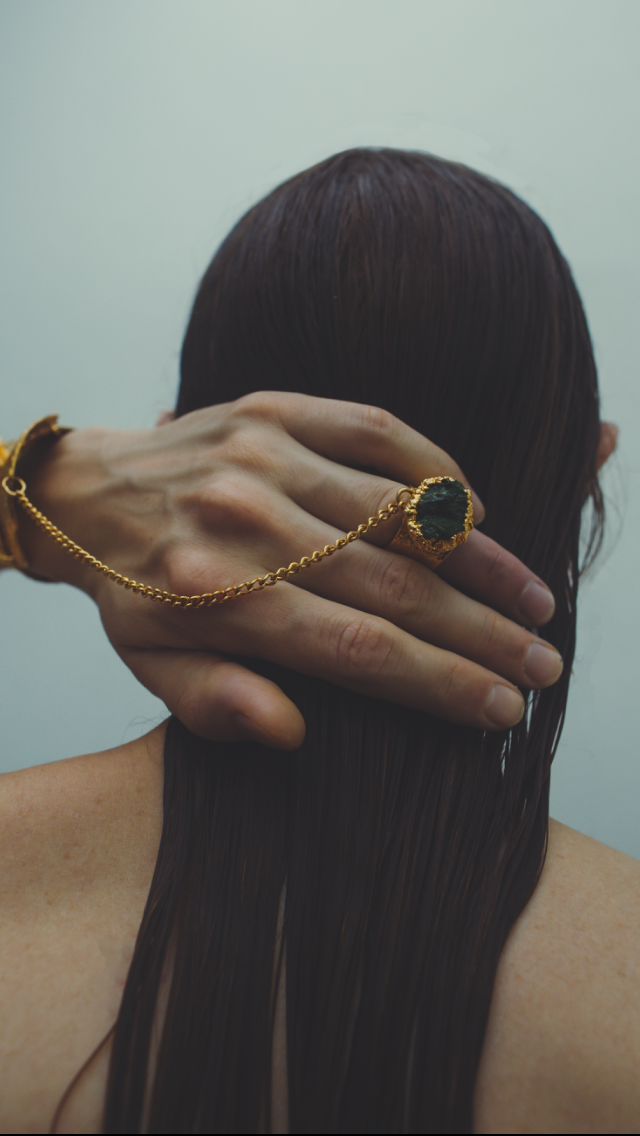 24k Golden-plated Bracelet with Malachite and Chained Ring
