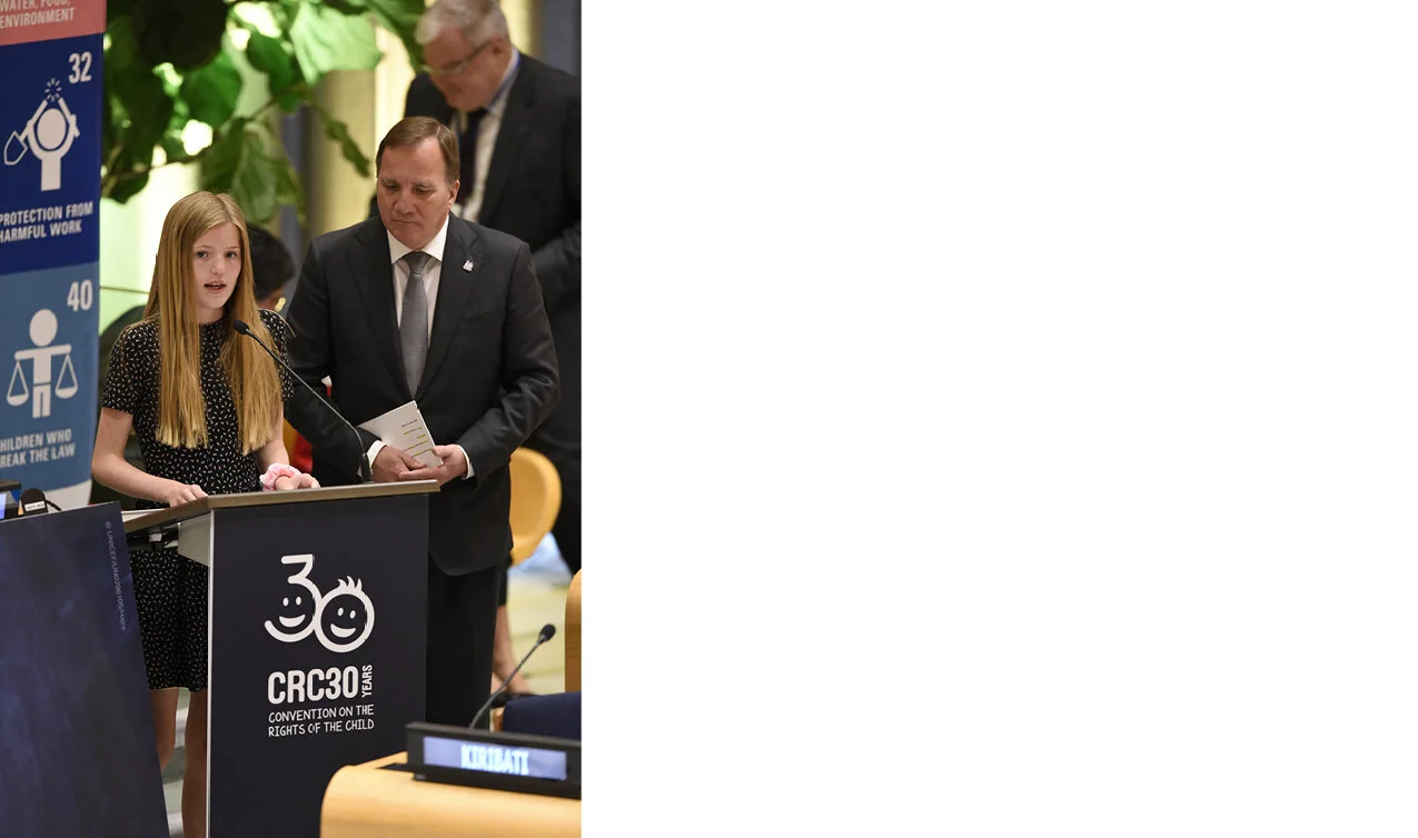 A child delegate from Sweden, Nelle Gray, speaks at a high-level commemorative event of the General Assembly on the “Thirtieth anniversary of the adoption of the Convention of the Rights of the Child” at the United Nations Headquarters. Prime Minist…