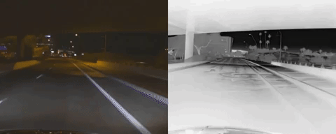 Thermal images like the one on the right show much more detail in low light. By open sourcing its thermal imaging data set, FLIR hopes to assist developers in creating safer systems for autonomous vehicles. (Image source: FLIR)