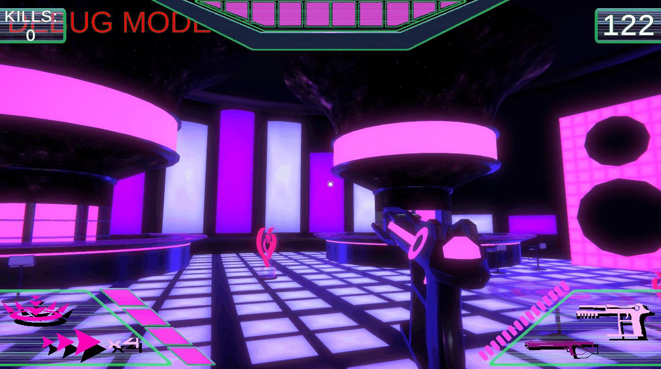 We not only included a visualizer on the club walls, but we swapped out environment materials on beat and made the player’s reticle pulse on the beat as well.