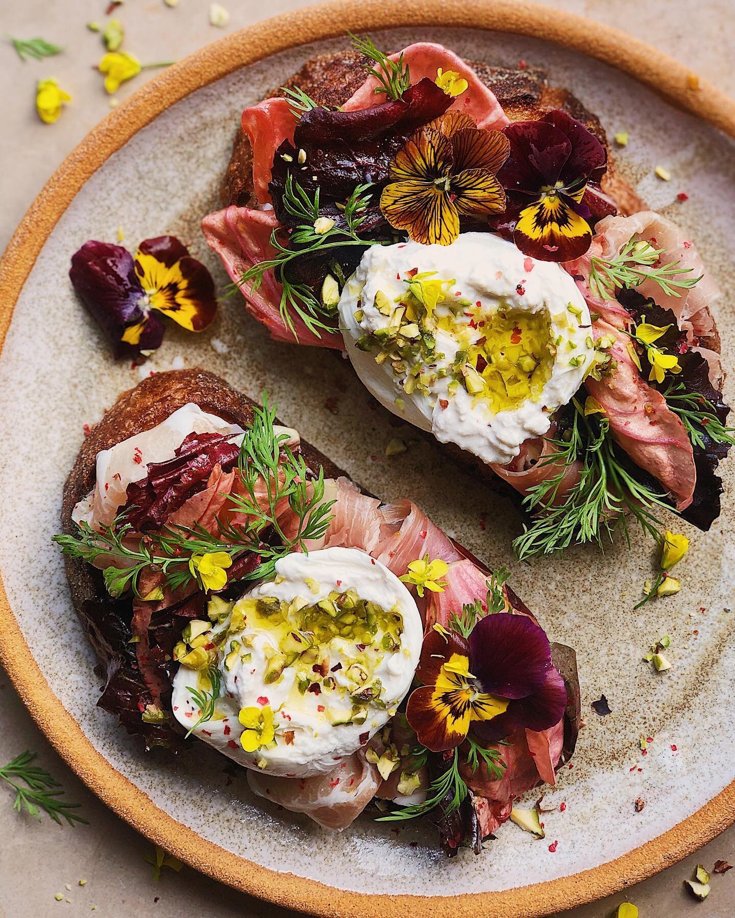 Salad toasts! (Kind of.) These are sourdough pan-fried in olive oil with just a little Greek yogurt to act as glue, and then topped with prosciutto, beautiful radicchio leaves dressed in a fruity dressing, gooey burrata, dill, chopped pistachios, goo
