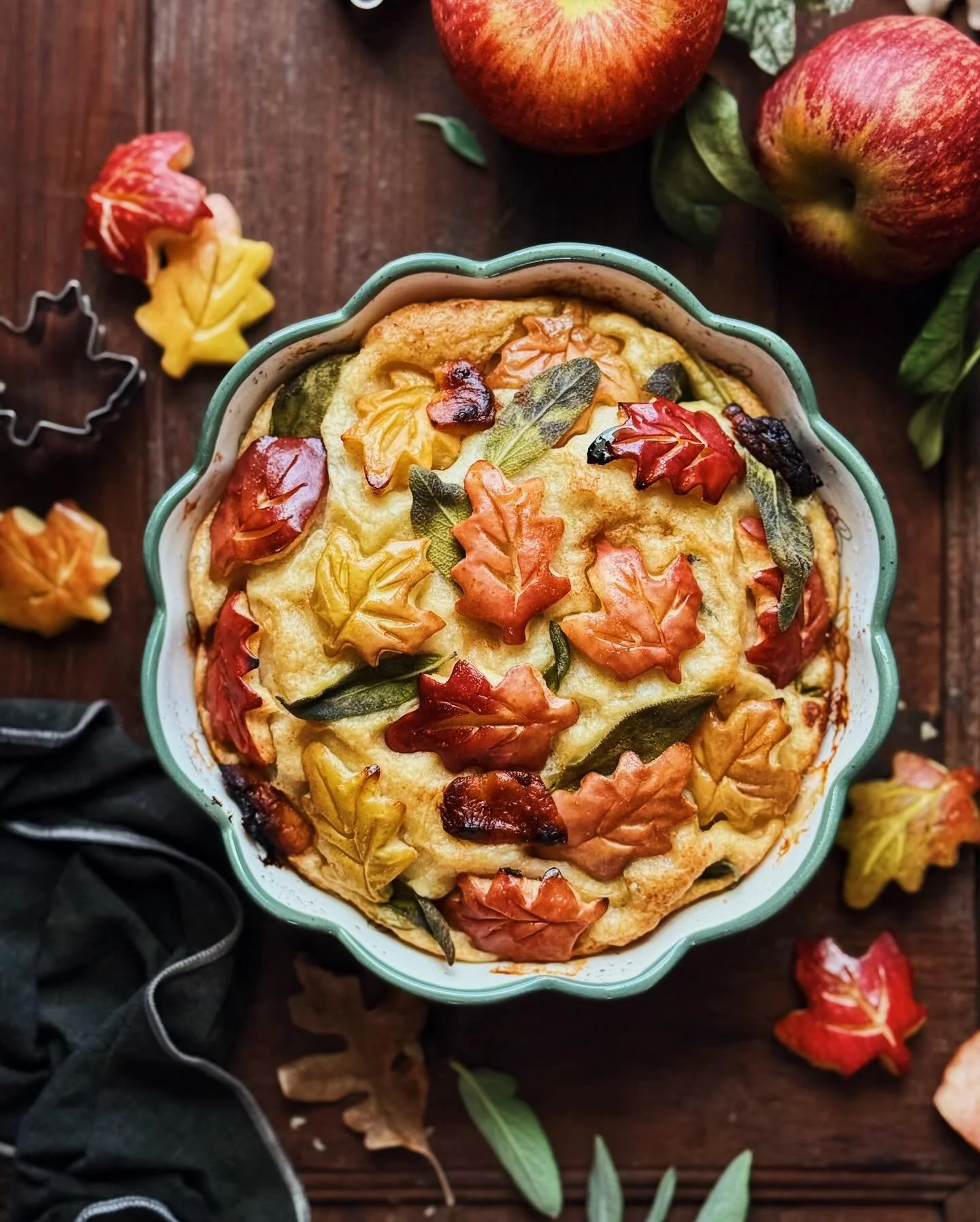 Apple and cheddar focaccia with sage and brown butter. ⁣
⁣
I wanted to use up the leftover apple leaf cutouts from my previous fall wreath post so I made a little focaccia and with them baked into the top. And because I had the combo of apple pie and