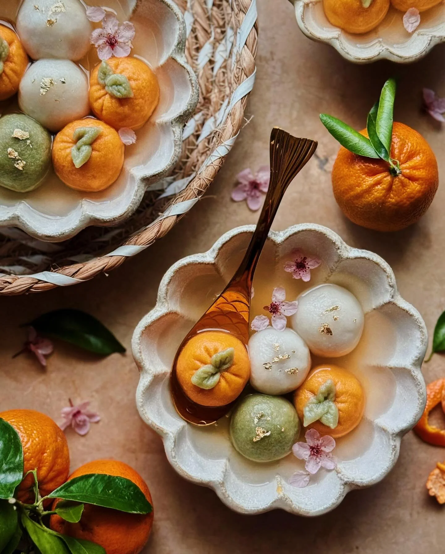 Orange tong yuen with an orange marmalade, walnut, and sesame filling in a ginger honey tea to celebrate Lantern Festival. ⁣
⁣
I&rsquo;ve come to realize I enjoy tiny art projects like sculpting things from dough that I can also eat. So I made tong y