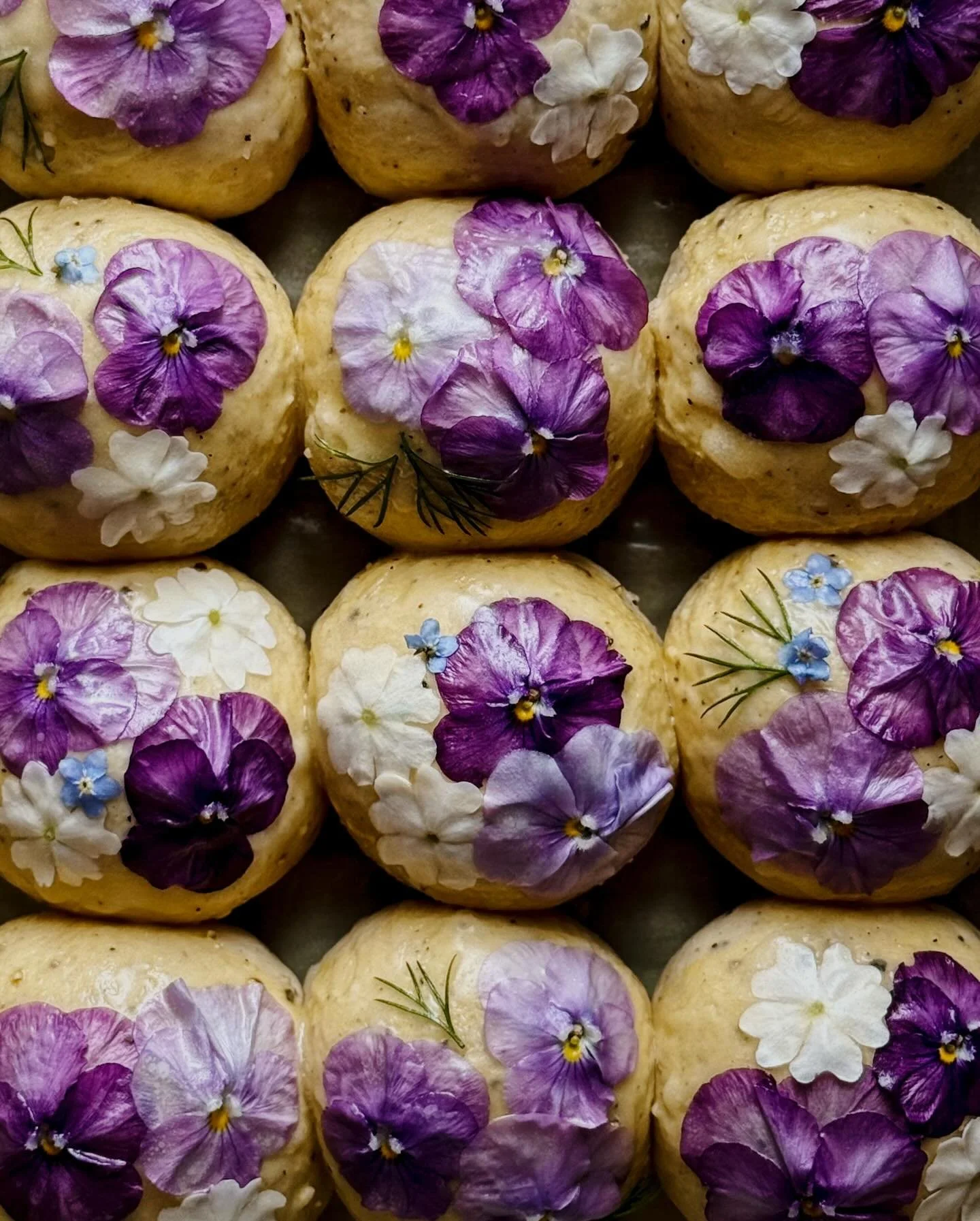 Cheddar and black pepper buns. Decorated with violas, verbena flowers, and forget-me-nots, and just a tiny bit of dill. &thinsp;
&thinsp;
Swipe to bake and you will see that I totally overproofed these! I was being indecisive about how I wanted to de