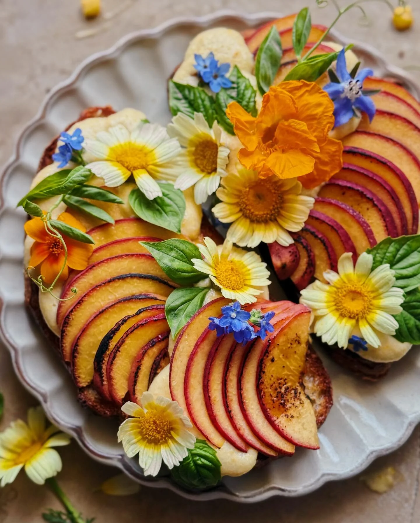 Whipped sweet corn goat cheese and br&ucirc;l&eacute;ed peaches on black pepper parmesan sourdough toasts, decorated with basil, pea tendrils, foraged tong ho chrysanthemum flowers, and more edible flowers from my garden (borage, nasturtium, marigold
