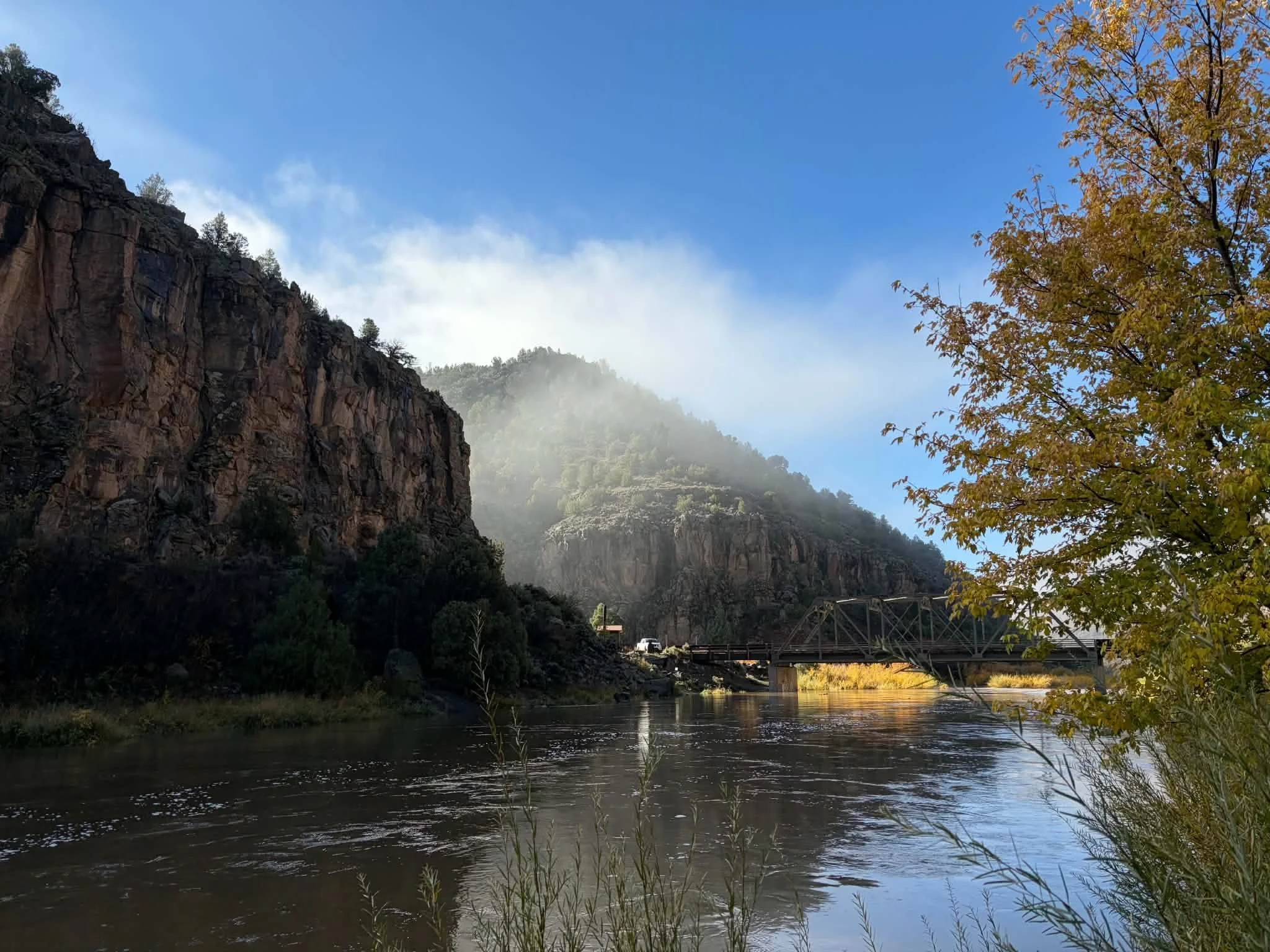 Image of Rio Grande flowing under John Dunn Bridge, the put in for the Box section, with mist drifting over the river from a side canyon, and a tree with golden leaves close by on shore.