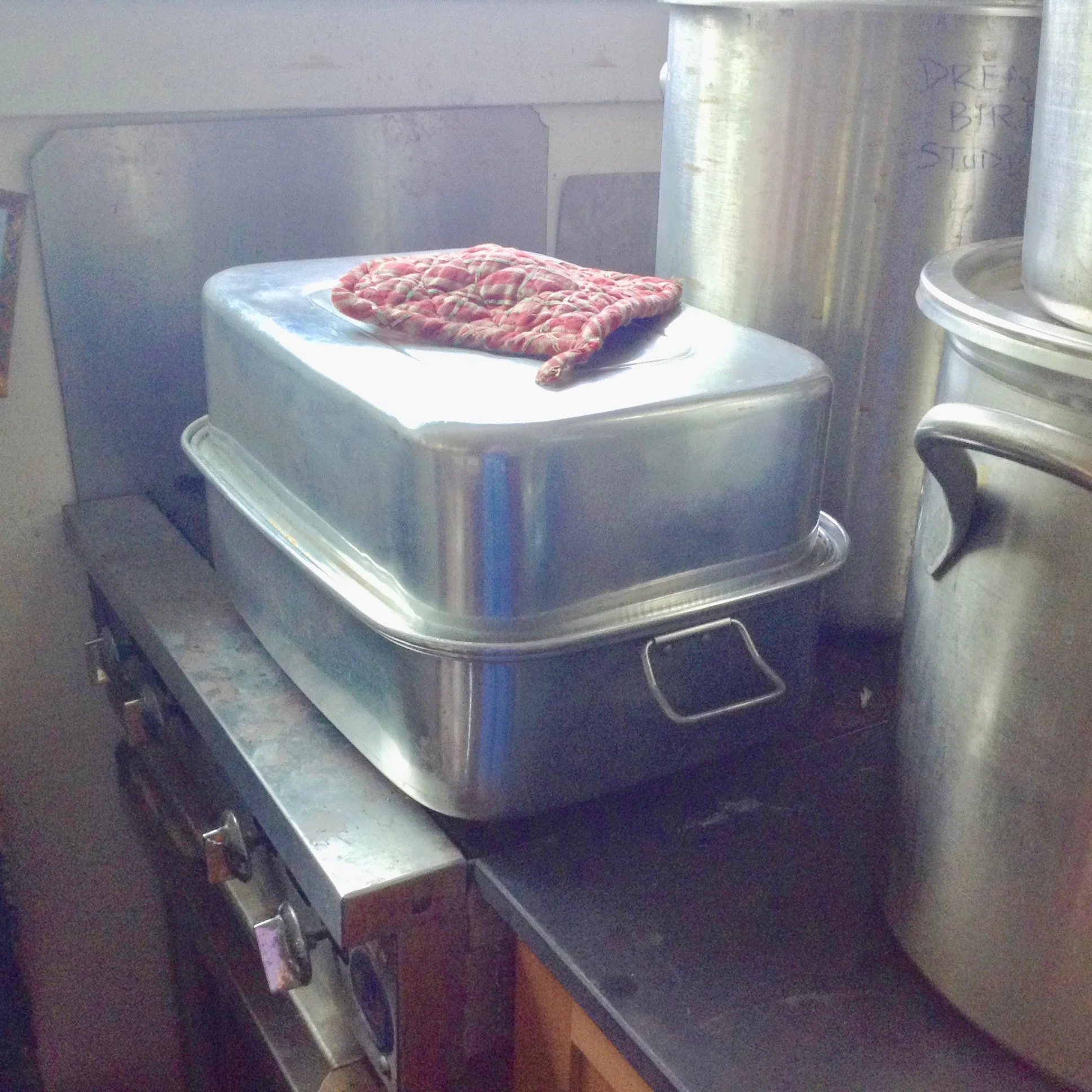 Steamer filled with leaf printing silk – unrolling them is a bit of mystery, you never know what you will get…