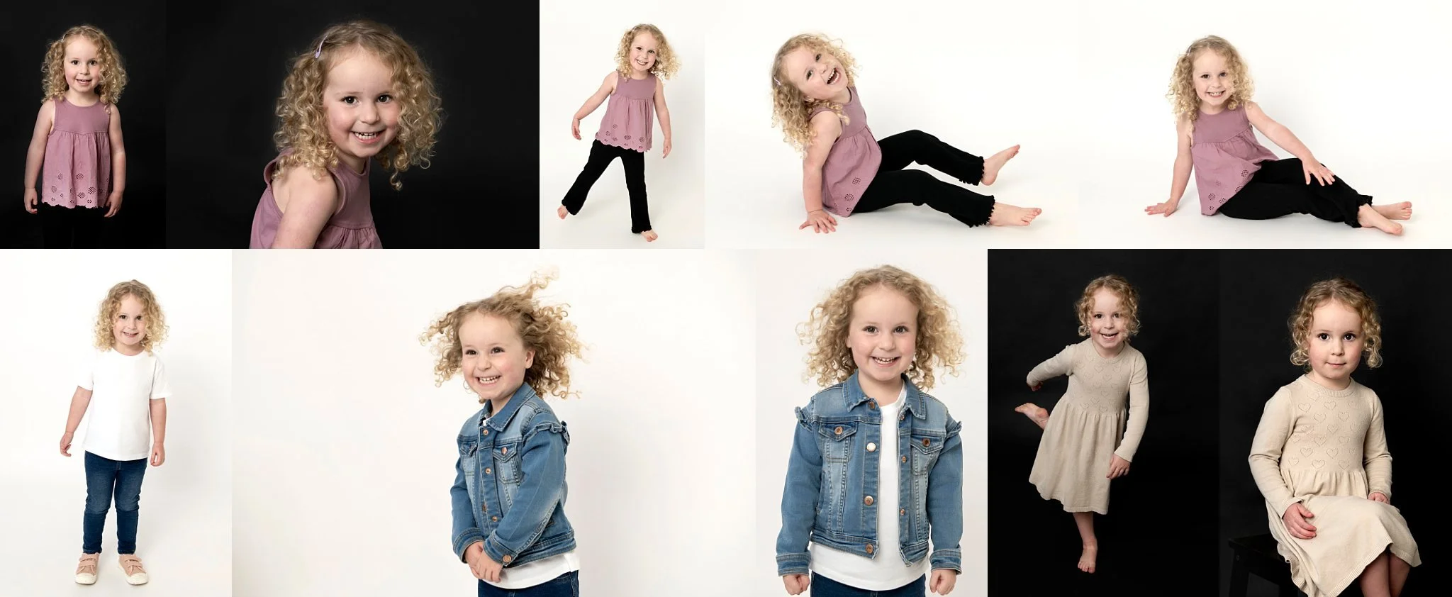 Young girl with curly hair in studio portrait, kids modelling portfolio session, über photography Gordon Sydney