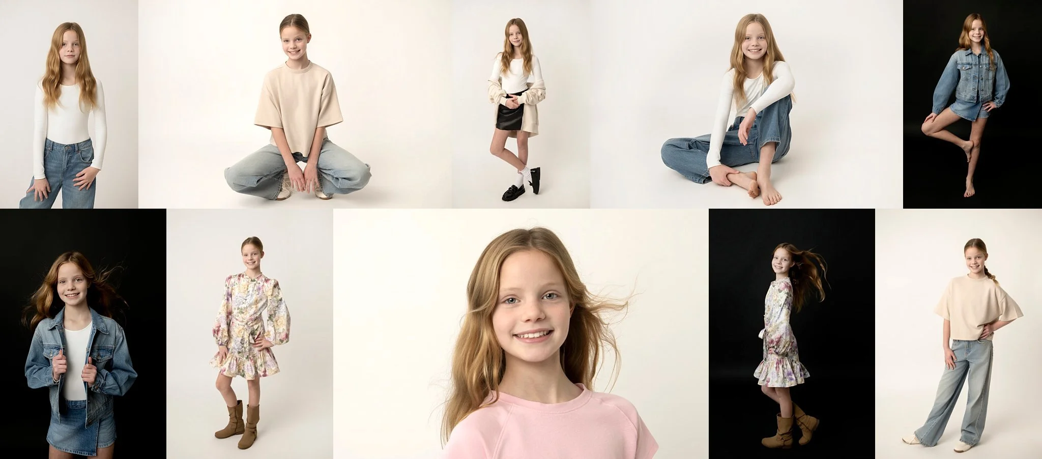 Composite of studio portraits showing outfit and pose variations for a kids modelling portfolio in Sydney