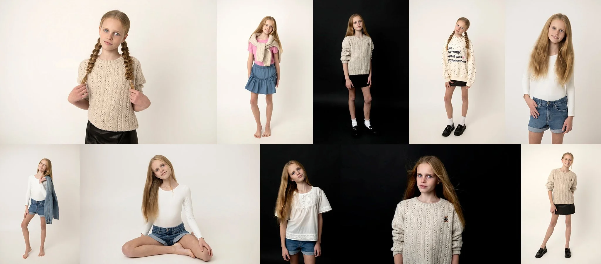 Tween girl modelling in a range of different outfits on a black and white studio backdrop