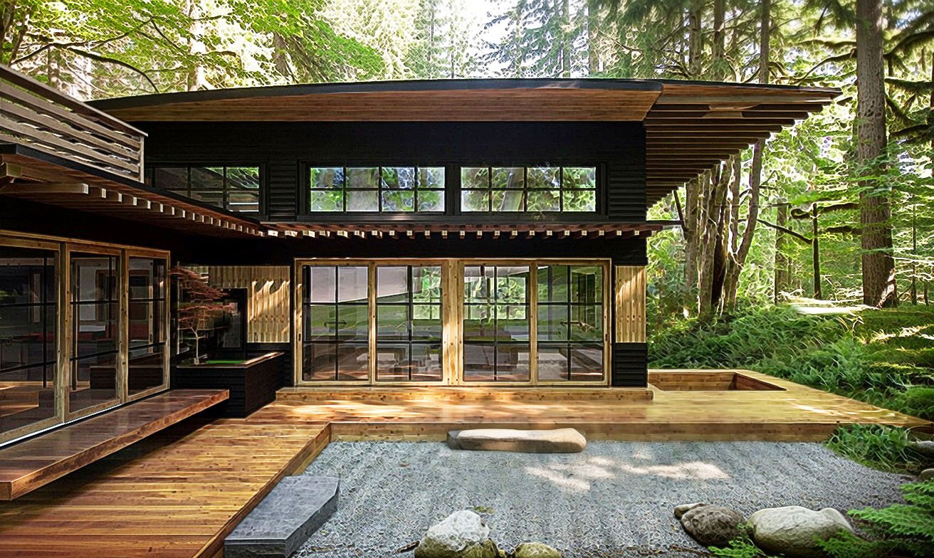 A modern japanese home with a sweeping roof and large sliding doors.