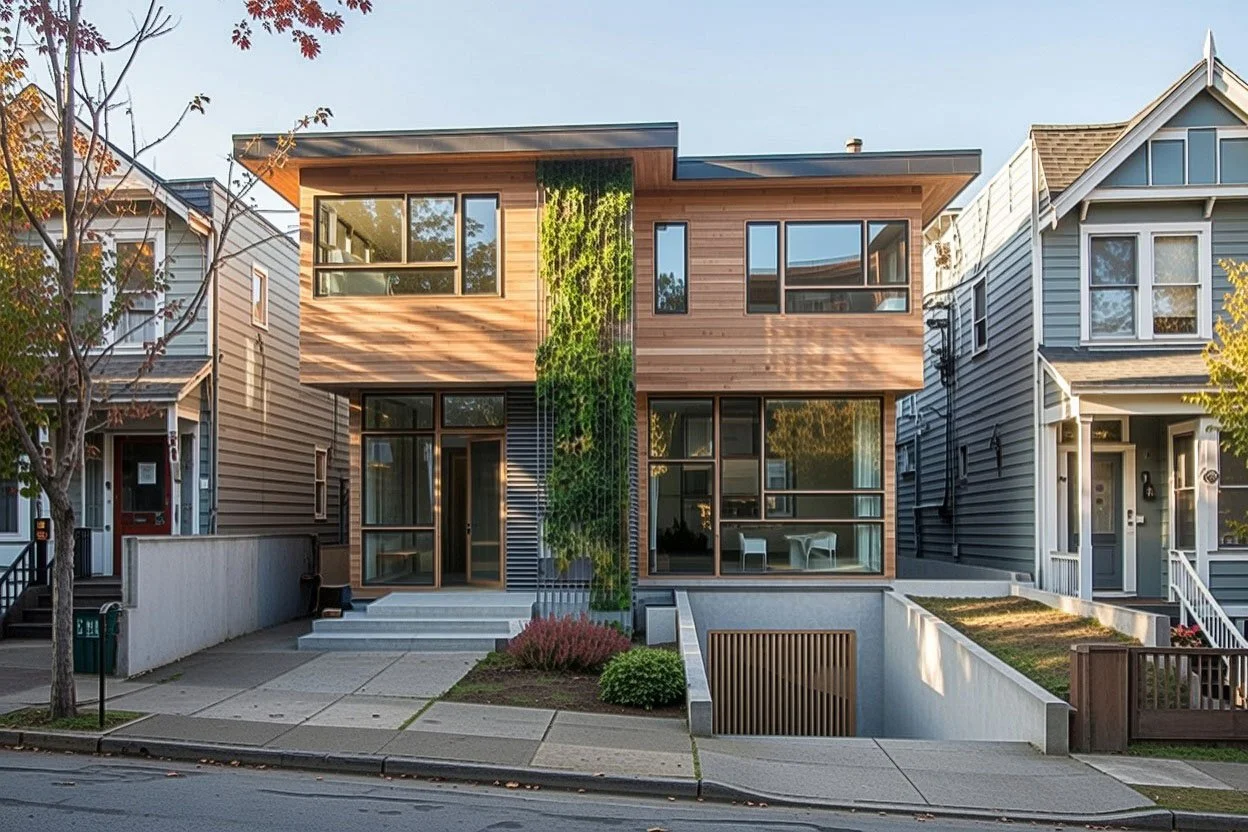 A modern prefab home with upper modules cantilevered out over the lower ones.