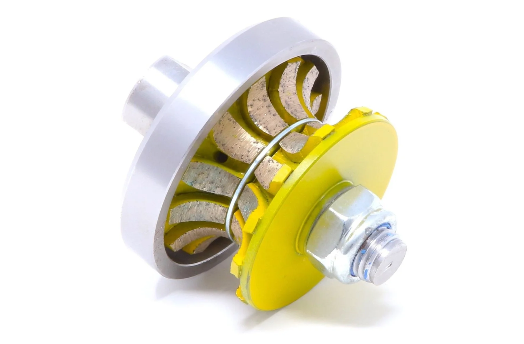 Mechanical component with metal and yellow plastic parts, cylindrical shape, likely a tool or motor part on a white background.