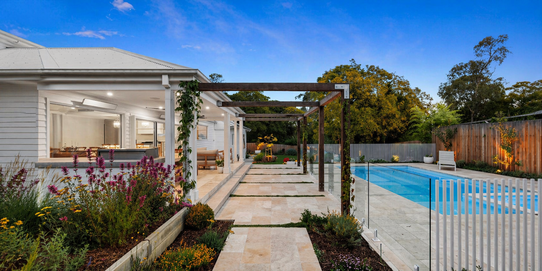 Mornington Peninsula Balnarring backyard with a swimming pool, surrounded by a Mediterranean native garden, sheoak design.