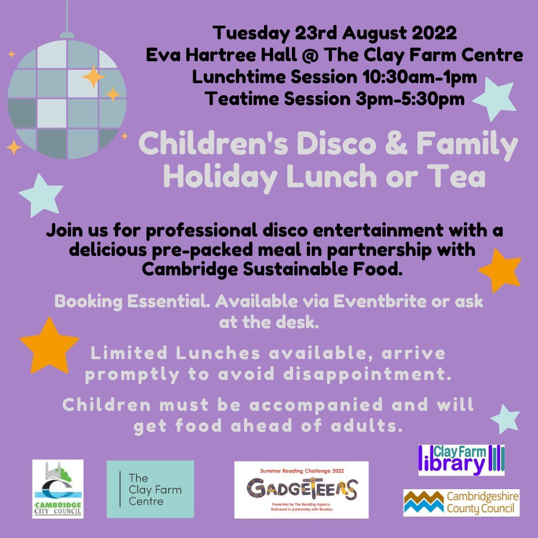 🍴🕺💃 🎶  Join us today @clayfarmcentre for a disco and our holiday lunch or tea in the Eva Hartree Hall (CB2 9FN). Children served ahead of adults, limited lunches available so first come, first served.
 
NB. This is a ticketed event on Eventbrite.