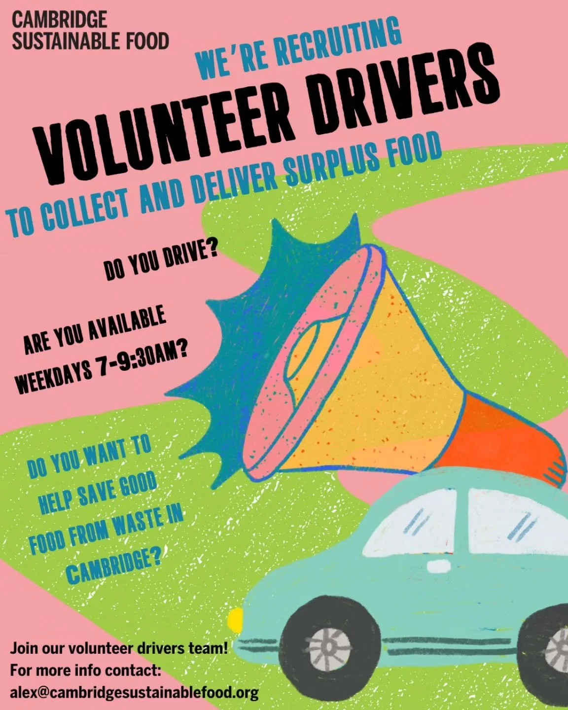 Join our volunteer drivers team! 🚗

We are looking for enthusiastic volunteers to help us collect surplus food donations from supermarkets around Cambridge and deliver them to local social food projects so they will be sent out to feed the community