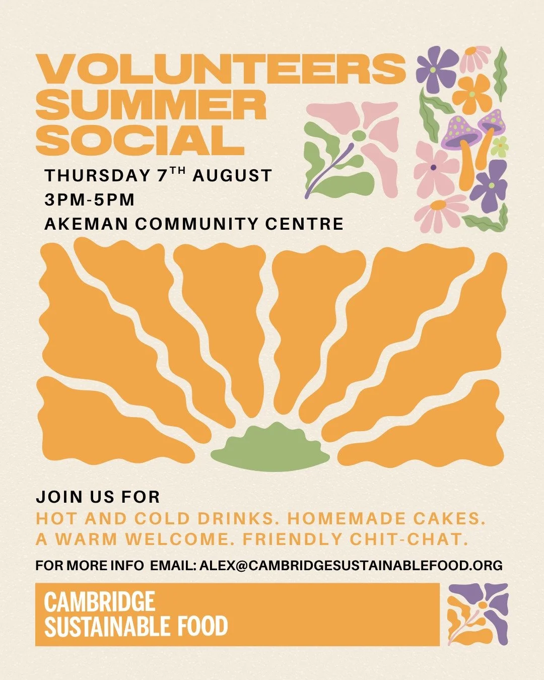 🌸 Volunteers Summer Social 🌸 

📅 Date: Thursday 7th August 2025
🕒 Time: 3pm - 5pm
📍 Location: Akeman Community Centre

Whether you&rsquo;ve been driving to collect and deliver surplus food, sorting and packing donations at our distro hub, cookin