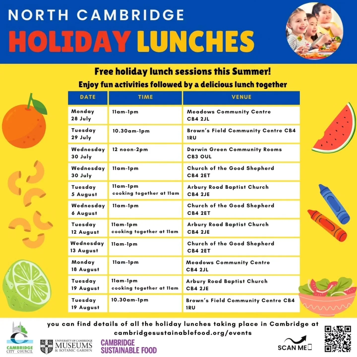 Come along and enjoy a FREE holiday lunch this summer ☀️🍽 

Fun-packed events for children and their families will be taking place all across Cambridge throughout the holidays. Look forward to crafts, activities, and nourishing meals - all completel