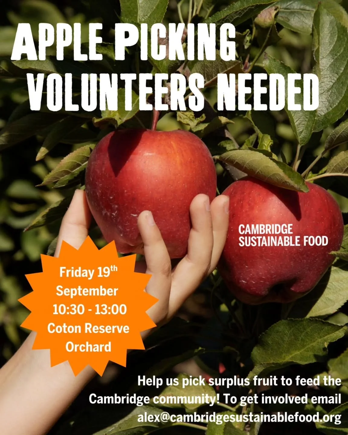 🍏🍎APPLE PICKING VOLUNTEERS NEEDED🍎🍏

The trees at Coton Reserve Orchard are bursting with fruit and we need your help to pick as much as possible to send out to feed hungry mouths in Cambridge via local food justice networks.

Join us:
📆 Friday 