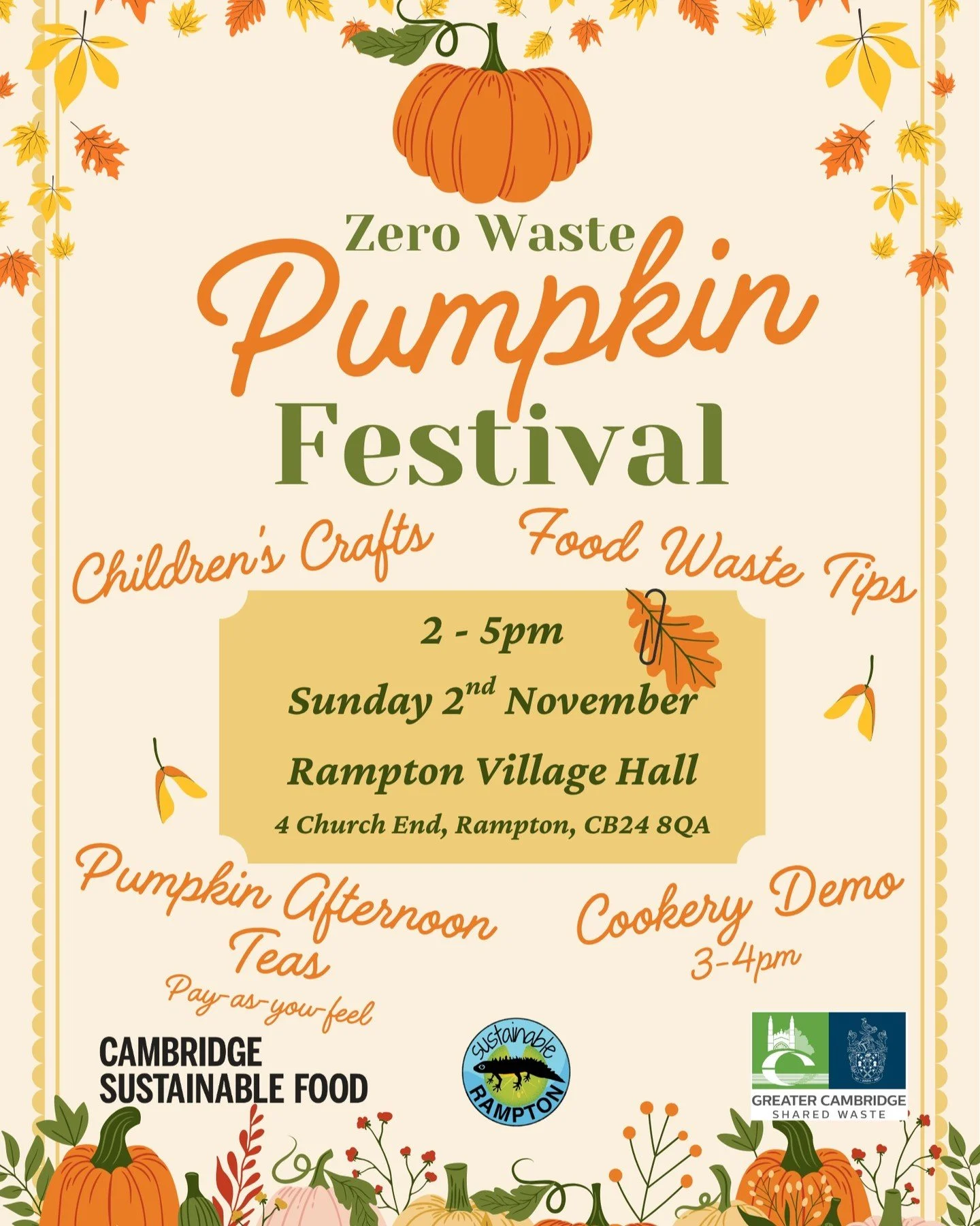 Come and join us, Sustainable Rampton and @greatercambridgerecycles at this fabulous free family event on Sunday afternoon, where we'll be celebrating pumpkins and other local seasonal veg, and helping you minimise your food waste - from hacks and ti