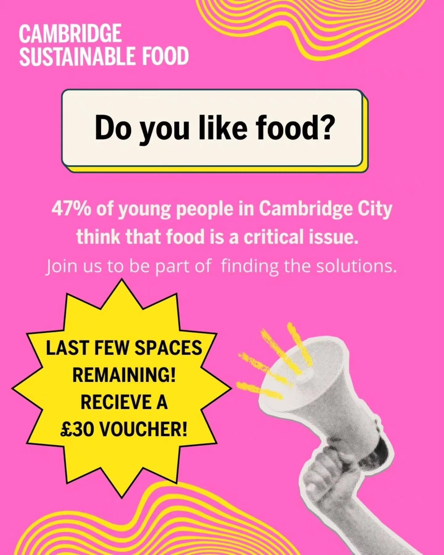 LAST FEW SPACES REMAINING 🥦🍎🥑🍌

Only a few more spots left for young people aged 13-18 to join our workshops starting NEXT WEEK exploring the topic of food and developing ideas for effective, creative solutions to the food-related issues affectin