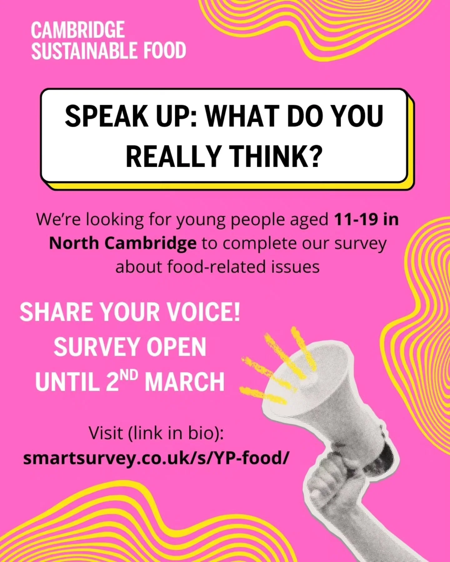 📣 Young People &amp; Food in North Cambridge: Survey Now Open! 📣

Can you support our peer research team  to collect young people's voices?

We are excited to be leading a project exploring the topic "food" with young people in North Camb