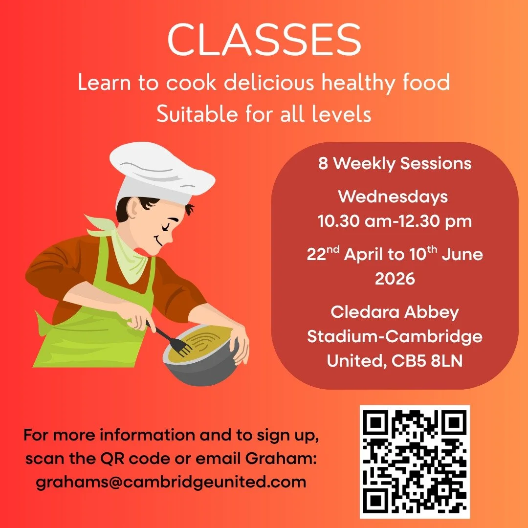 The next set of our popular Men's Cooking classes starts next week at Cambridge United Foundation's Abbey Stadium. Come along and join a fun and friendly free group, learn to cook some simple nutritious meals and make some new friends along the way.

