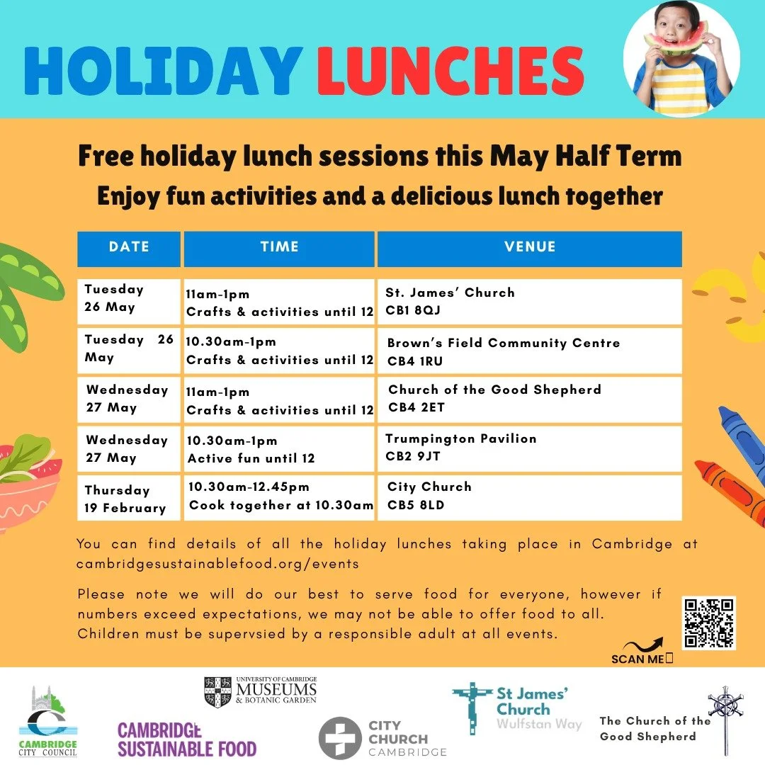 FREE Holiday Lunch events taking place across Cambridge this May half term🍉🍊🍇🍏🍍🍒🍋

Come along to a holiday lunch next week for a fun-packed session of crafts, activities, delicious, nourishing meals, and a chance to meet new people in your com