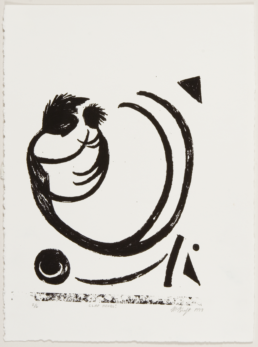 The physical energy of flying, leaping, playing and growing inspires these images. These silkscreen pieces were created as I remembered the excitement of a child’s first successful attempt to clap hands, the first sprout of a spring flower, a recurring dream of flying. Clap Hands! 15” x 11”