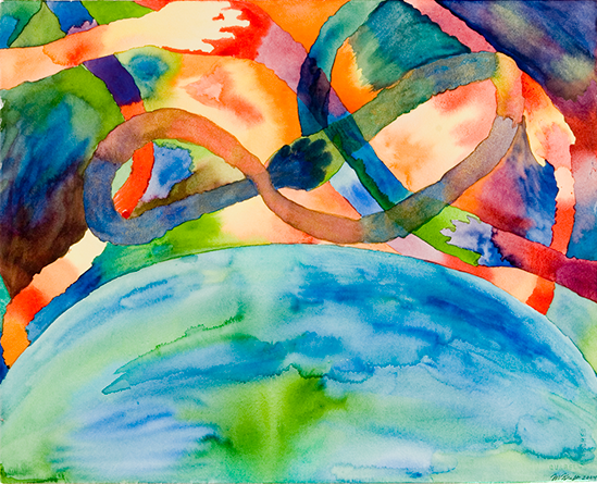 My watercolor paintings are filled with vivid colors and energy. There is a feeling of whimsy to many of them, and a sense of joy in all of them. These paintings are about coming together, about celebrating, and about seeing and savoring the details of our days. Across the World 16" x 20"