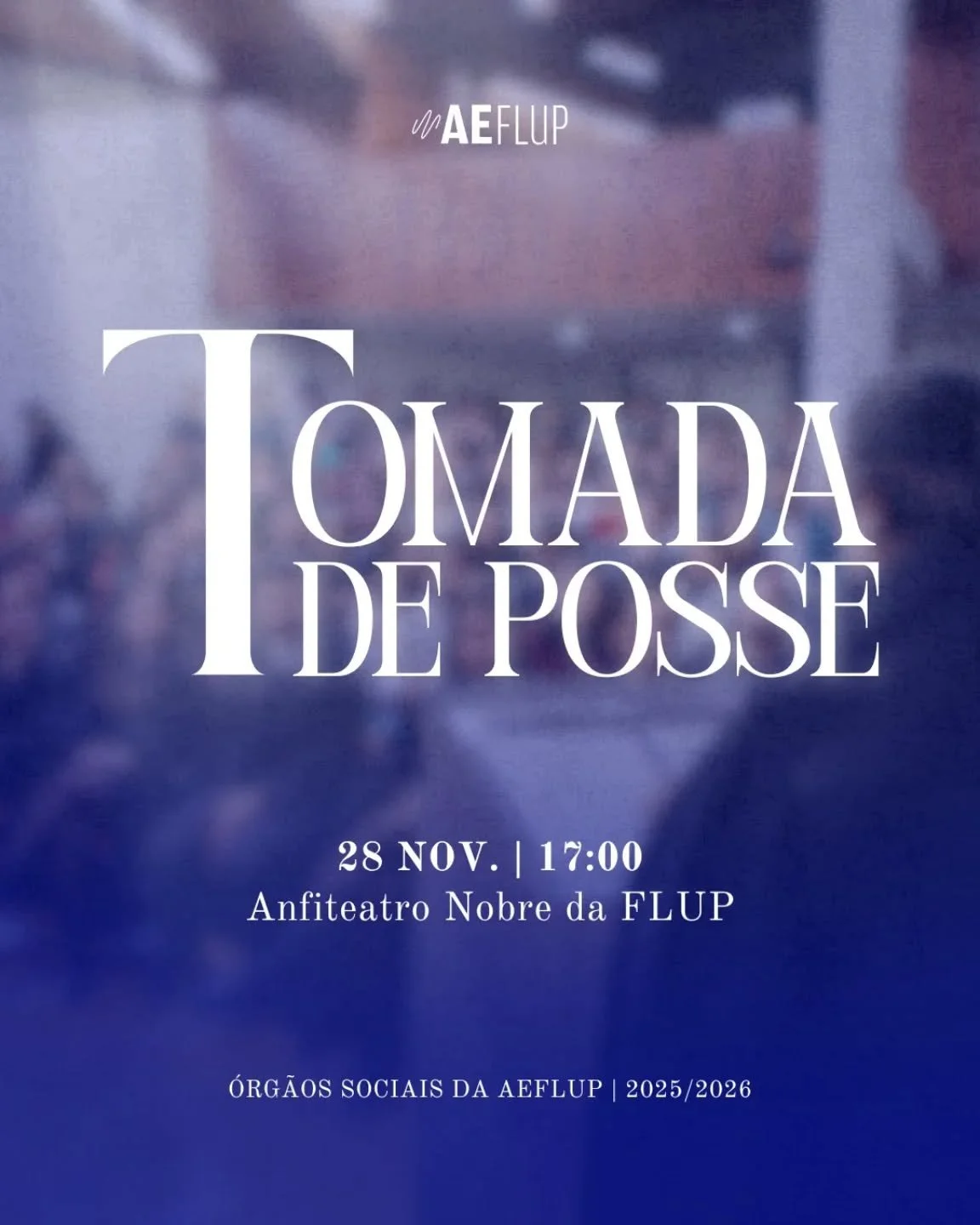 A Associa&ccedil;&atilde;o de Estudantes da Faculdade de Letras da Universidade do Porto, vem por este meio convidar a comunidade acad&eacute;mica a marcar presen&ccedil;a na Cerim&oacute;nia de Tomada de Posse dos &Oacute;rg&atilde;os Sociais da AEF