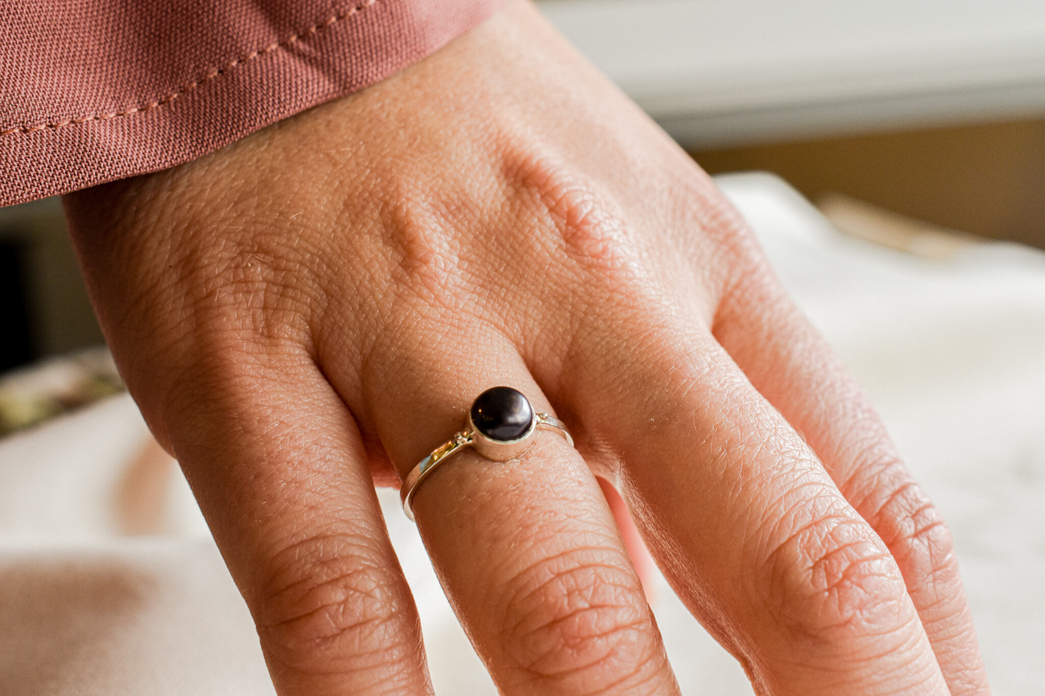 Bague Argent Massif Avec Perle Noire Mobile - Taille 51 - Occasion - Sans Marque